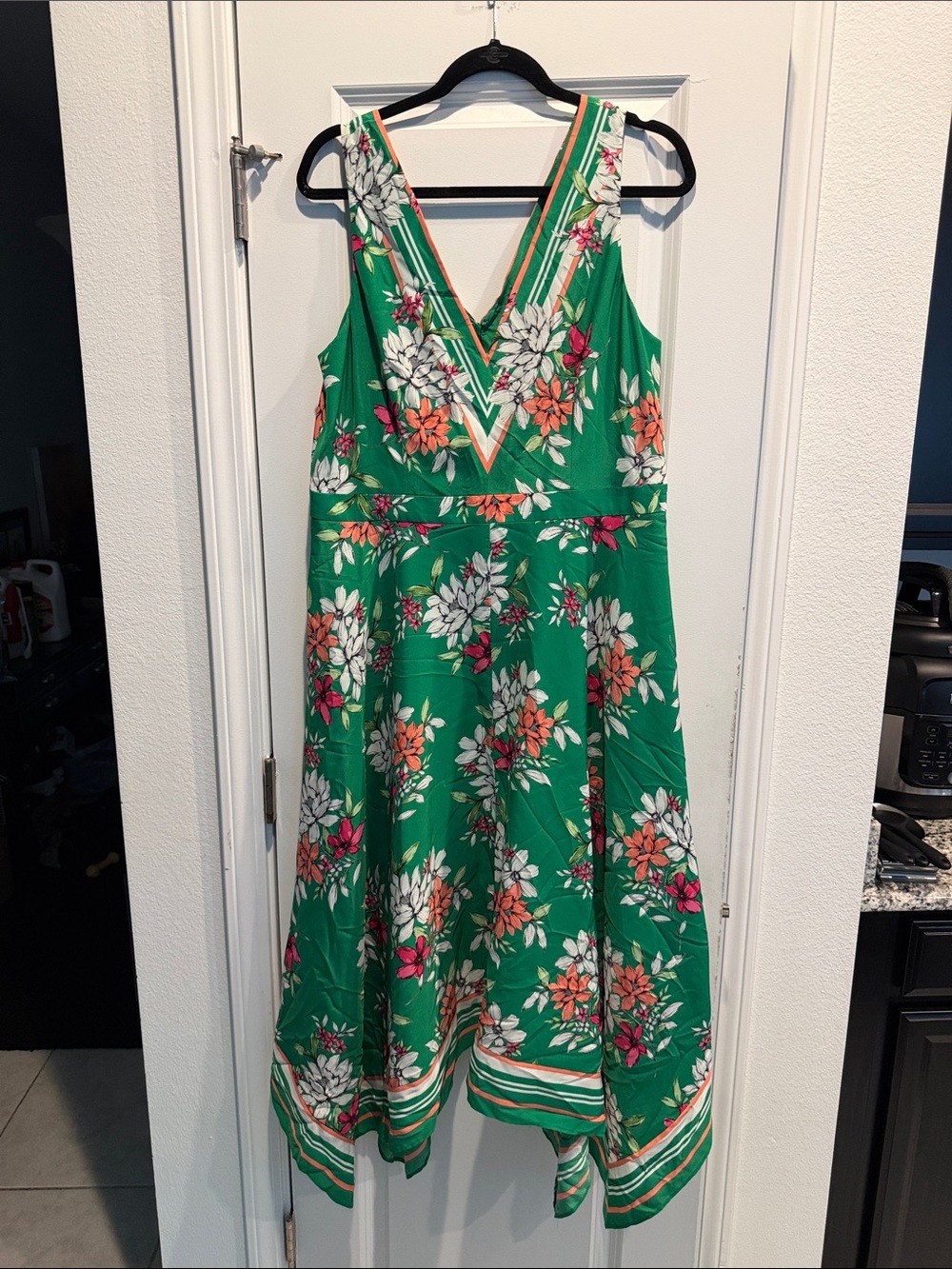 Vince Camuto Green Floral Midi Dress with White & Pink Accents